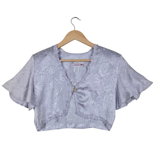 VTG Fredericks of Hollywood Cropped Satin Jacket Top Lilac Flutter Sleeve Fairy - Picture 1 of 13